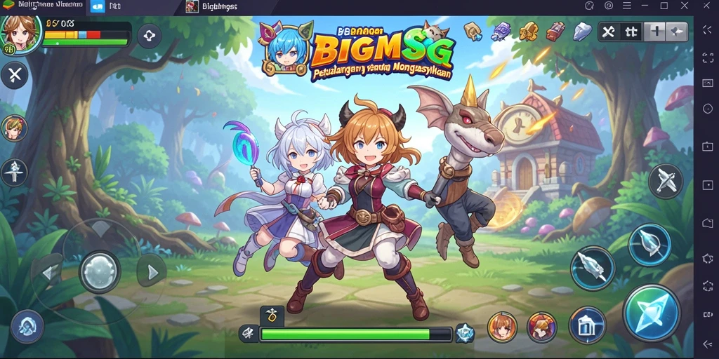 Tampilan gameplay BIGMSG yang penuh warna dan karakter anime menarik.