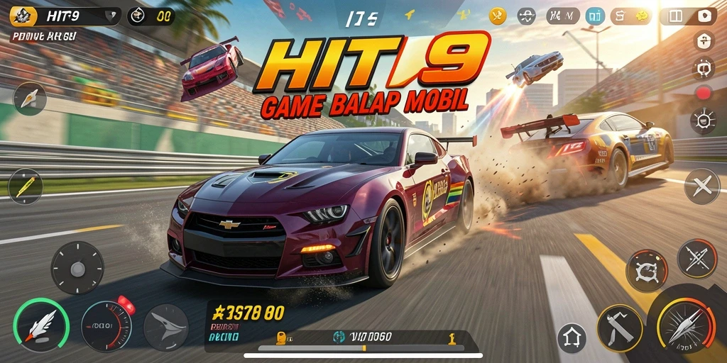 Screenshot HIT9 menunjukkan balapan seru dengan mobil yang melaju cepat.
