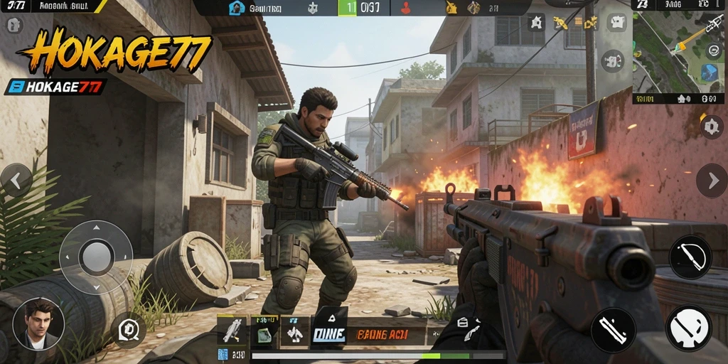 Tangkapan layar dari gameplay mendebarkan HOKAGE77 dengan aksi tembak menembak intens.