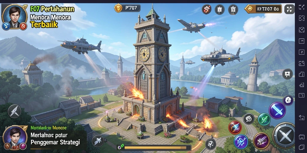 Screenshot gameplay PT707 menampilkan aksi menara pertahanan yang intens.