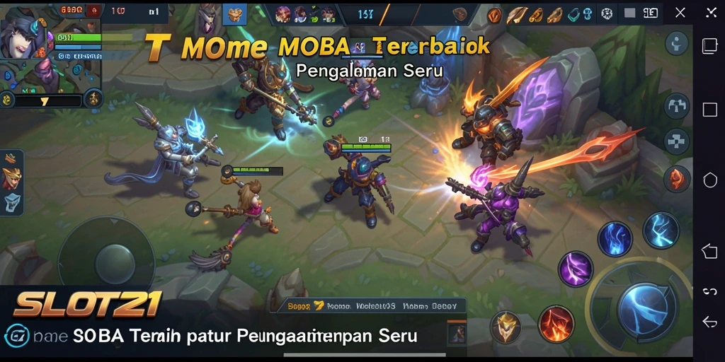 Tampilan game SLOT21 dengan karakter MOBA yang dinamis.