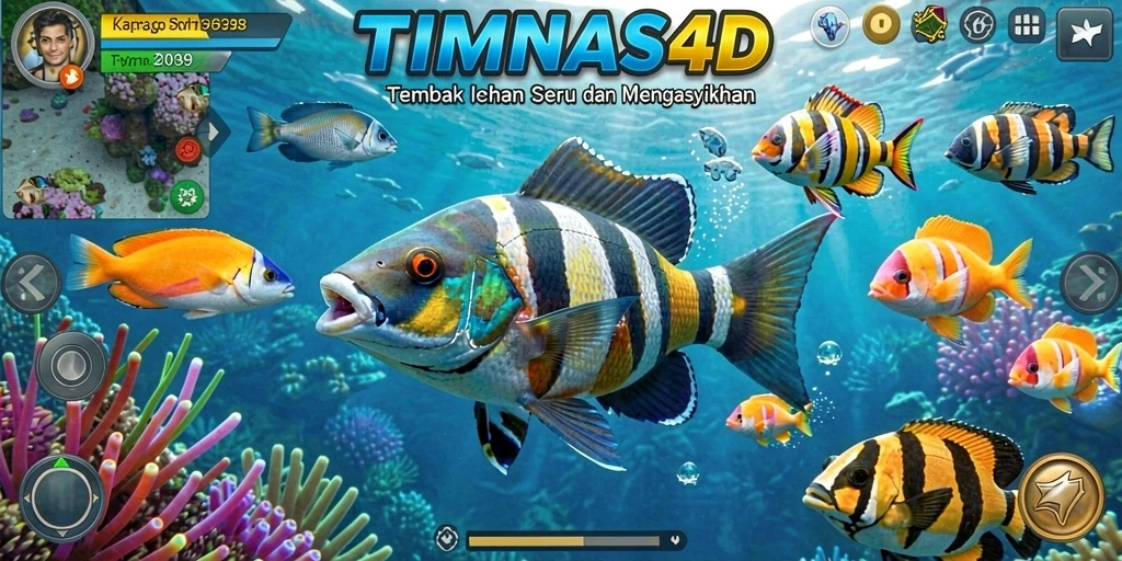 Tampilan gameplay seru dalam TIMNAS4D, menembak ikan di bawah laut.